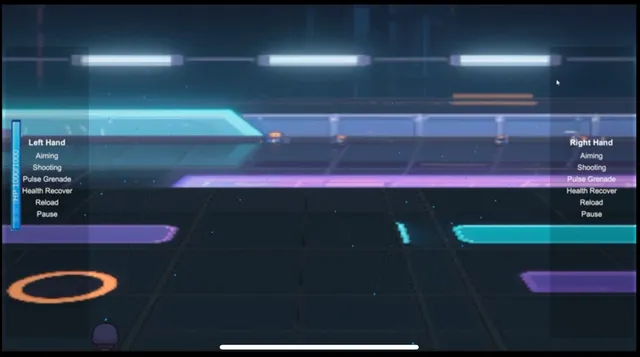 Gesture Warfare gameplay scene showing a futuristic arena, a health bar, and six gesture controls for each hand.